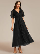 Load image into Gallery viewer, Color=Black | Shimmer V Neck Tea Length Wedding Guest Dress With Short Sleeves-Black 1