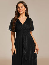 Load image into Gallery viewer, Color=Black | Shimmer V Neck Tea Length Wedding Guest Dress With Short Sleeves-Black 2