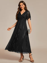 Load image into Gallery viewer, Color=Black | Shimmer V Neck Tea Length Wedding Guest Dress With Short Sleeves-Black 5