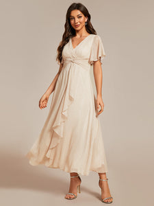 Color=Charcoal | Shimmer V Neck Tea Length Wedding Guest Dress With Short Sleeves-Charcoal 1