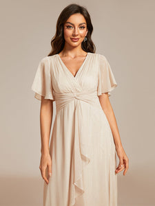 Color=Charcoal | Shimmer V Neck Tea Length Wedding Guest Dress With Short Sleeves-Charcoal 1