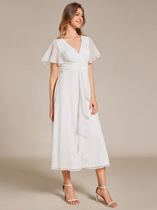 Shimmer V Neck Tea Length Wedding Guest Dress With Short Sleeves