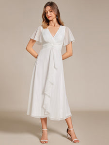 Shimmer V Neck Tea Length Wedding Guest Dress With Short Sleeves