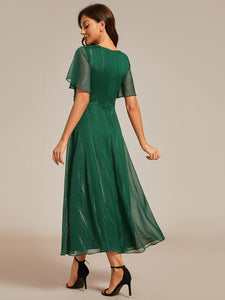 Color=Dark Green | Shimmer V Neck Tea Length Wedding Guest Dress With Short Sleeves-Dark Green 