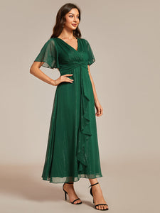 Color=Dark Green | Shimmer V Neck Tea Length Wedding Guest Dress With Short Sleeves-Dark Green 