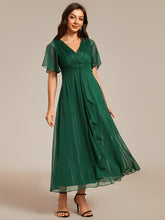 Load image into Gallery viewer, Color=Dark Green | Shimmer V Neck Tea Length Wedding Guest Dress With Short Sleeves-Dark Green 