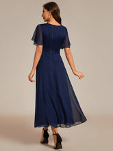 Load image into Gallery viewer, Color=Navy Blue | Shimmer V Neck Tea Length Wedding Guest Dress With Short Sleeves-Navy Blue 4