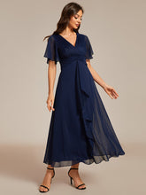 Load image into Gallery viewer, Color=Navy Blue | Shimmer V Neck Tea Length Wedding Guest Dress With Short Sleeves-Navy Blue 3