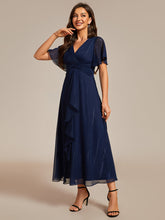 Load image into Gallery viewer, Color=Navy Blue | Shimmer V Neck Tea Length Wedding Guest Dress With Short Sleeves-Navy Blue 1