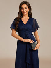 Load image into Gallery viewer, Color=Navy Blue | Shimmer V Neck Tea Length Wedding Guest Dress With Short Sleeves-Navy Blue 2