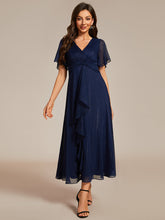 Load image into Gallery viewer, Color=Navy Blue | Shimmer V Neck Tea Length Wedding Guest Dress With Short Sleeves-Navy Blue 5