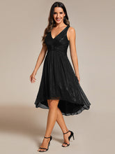 Load image into Gallery viewer, Color=Black | Glittery Spaghetti Straps Knee Length Bowknot Bridesmaid Dress-Black 1