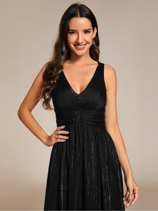 Color=Black | Glittery Spaghetti Straps Knee Length Bowknot Bridesmaid Dress-Black 2