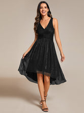 Load image into Gallery viewer, Color=Black | Glittery Spaghetti Straps Knee Length Bowknot Bridesmaid Dress-Black 5