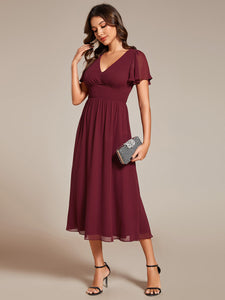 Color=Burgundy | Classical Ruffles Sleeve Ruched Empire Waist Midi Length Chiffon Dresses with Lining-Burgundy 13