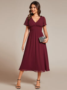 Color=Burgundy | Classical Ruffles Sleeve Ruched Empire Waist Midi Length Chiffon Dresses with Lining-Burgundy 14