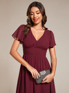 Color=Burgundy | Classical Ruffles Sleeve Ruched Empire Waist Midi Length Chiffon Dresses with Lining-Burgundy 15