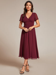 Color=Burgundy | Classical Ruffles Sleeve Ruched Empire Waist Midi Length Chiffon Dresses with Lining-Burgundy 11