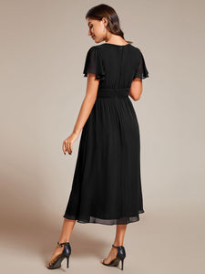 Color=Black | Classical Ruffles Sleeve Ruched Empire Waist Midi Length Chiffon Dresses with Lining-Black 17