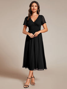 Color=Black | Classical Ruffles Sleeve Ruched Empire Waist Midi Length Chiffon Dresses with Lining-Black 16