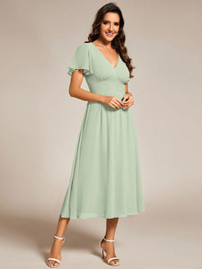 Color=Mint Green | Classical Ruffles Sleeve Ruched Empire Waist Midi Length Chiffon Dresses with Lining-Mint Green 23