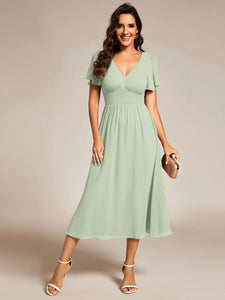 Color=Mint Green | Classical Ruffles Sleeve Ruched Empire Waist Midi Length Chiffon Dresses with Lining-Mint Green 24