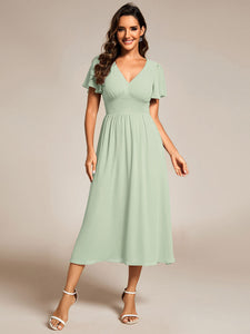 Color=Mint Green | Classical Ruffles Sleeve Ruched Empire Waist Midi Length Chiffon Dresses with Lining-Mint Green 21