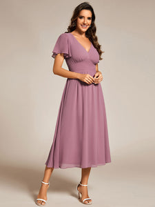 Color=Orchid | Classical Ruffles Sleeve Ruched Empire Waist Midi Length Chiffon Dresses with Lining-Orchid 28