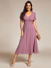 Load image into Gallery viewer, Color=Orchid | Classical Ruffles Sleeve Ruched Empire Waist Midi Length Chiffon Dresses with Lining-Orchid 29