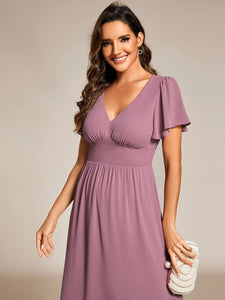 Color=Orchid | Classical Ruffles Sleeve Ruched Empire Waist Midi Length Chiffon Dresses with Lining-Orchid 30