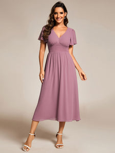 Color=Orchid | Classical Ruffles Sleeve Ruched Empire Waist Midi Length Chiffon Dresses with Lining-Orchid 26