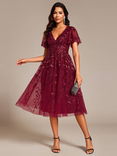 Load image into Gallery viewer, Color=Burgundy | Exquisite Midi Length Ruffles Sleeve Tulle Sequin Dresses with Embroidery-Burgundy 3