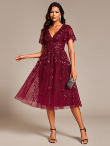 Color=Burgundy | Exquisite Midi Length Ruffles Sleeve Tulle Sequin Dresses with Embroidery-Burgundy 3