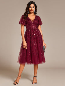 Color=Burgundy | Exquisite Midi Length Ruffles Sleeve Tulle Sequin Dresses with Embroidery-Burgundy 4