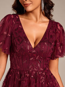 Color=Burgundy | Exquisite Midi Length Ruffles Sleeve Tulle Sequin Dresses with Embroidery-Burgundy 5