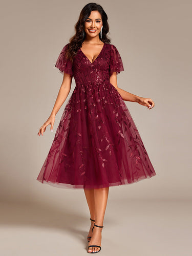 Color=Burgundy | Exquisite Midi Length Ruffles Sleeve Tulle Sequin Dresses with Embroidery-Burgundy 1