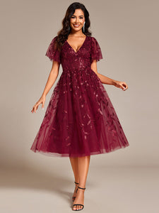 Color=Burgundy | Exquisite Midi Length Ruffles Sleeve Tulle Sequin Dresses with Embroidery-Burgundy 1