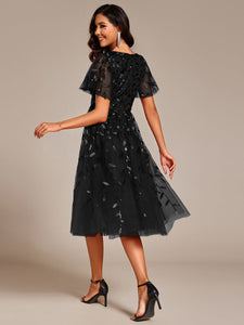 Color=Black | Exquisite Midi Length Ruffles Sleeve Tulle Sequin Dresses with Embroidery-Black 7