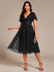 Color=Black | Exquisite Midi Length Ruffles Sleeve Tulle Sequin Dresses with Embroidery-Black 8