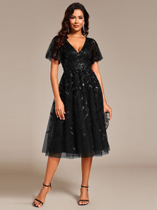 Color=Black | Exquisite Midi Length Ruffles Sleeve Tulle Sequin Dresses with Embroidery-Black 9