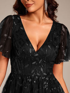 Color=Black | Exquisite Midi Length Ruffles Sleeve Tulle Sequin Dresses with Embroidery-Black 10