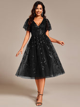 Load image into Gallery viewer, Color=Black | Exquisite Midi Length Ruffles Sleeve Tulle Sequin Dresses with Embroidery-Black 6