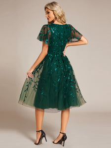 Exquisite Midi Length Ruffles Sleeve Tulle Sequin Dresses with Embroidery