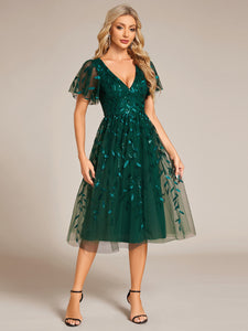 Exquisite Midi Length Ruffles Sleeve Tulle Sequin Dresses with Embroidery