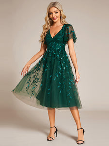 Exquisite Midi Length Ruffles Sleeve Tulle Sequin Dresses with Embroidery