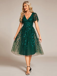 Exquisite Midi Length Ruffles Sleeve Tulle Sequin Dresses with Embroidery