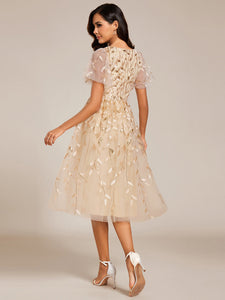 Color=Gold | Exquisite Midi Length Ruffles Sleeve Tulle Sequin Dresses with Embroidery-Gold 12