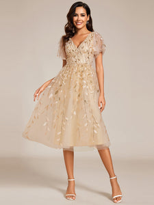 Color=Gold | Exquisite Midi Length Ruffles Sleeve Tulle Sequin Dresses with Embroidery-Gold 13