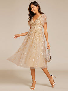 Color=Gold | Exquisite Midi Length Ruffles Sleeve Tulle Sequin Dresses with Embroidery-Gold 14