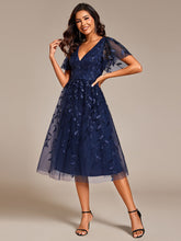 Load image into Gallery viewer, Color=Navy Blue | Exquisite Midi Length Ruffles Sleeve Tulle Sequin Dresses with Embroidery-Navy Blue 18